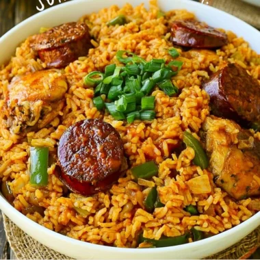 Delicious bowl of Authentic New Orleans Creole Jambalaya with colorful ingredients.