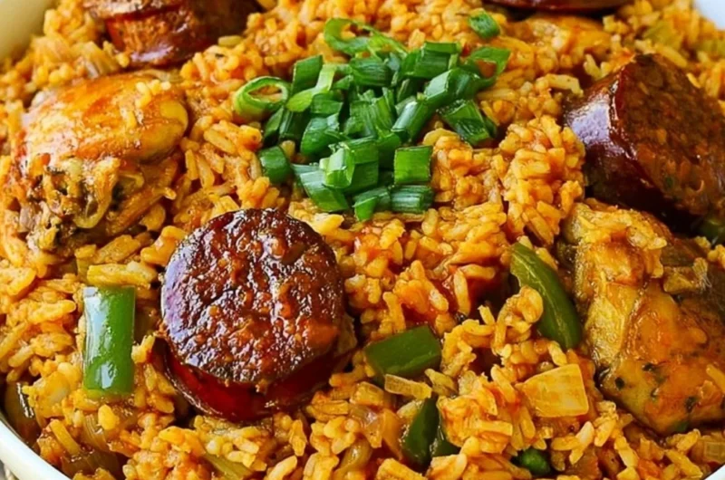 Delicious bowl of Authentic New Orleans Creole Jambalaya with colorful ingredients.