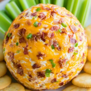 Delicious Bacon Ranch Cheeseball with bacon, herbs, and spices on a serving platter.