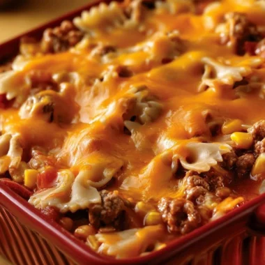 Delicious Cheddar Sloppy Joe Casserole served in a warm dish