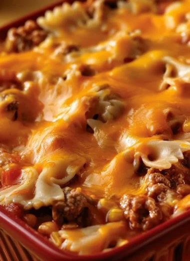 Delicious Cheddar Sloppy Joe Casserole served in a warm dish