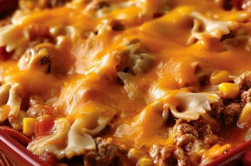 Delicious Cheddar Sloppy Joe Casserole served in a warm dish