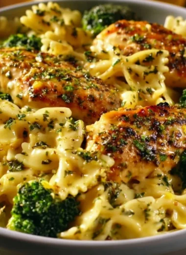 Cowboy Butter Lemon Bowtie Chicken served with broccoli for a delicious meal.