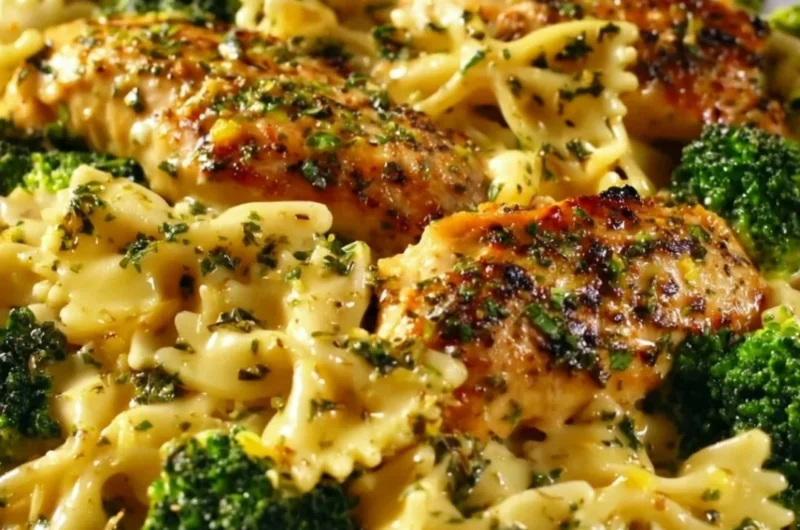 Cowboy Butter Lemon Bowtie Chicken served with broccoli for a delicious meal.