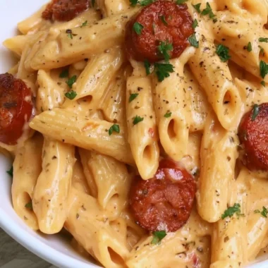 Creamy kielbasa pasta dish garnished with herbs served in a bowl