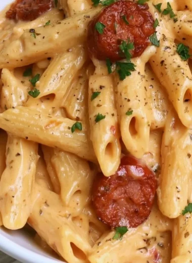 Creamy kielbasa pasta dish garnished with herbs served in a bowl
