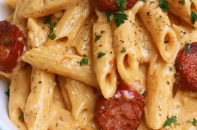 Creamy kielbasa pasta dish garnished with herbs served in a bowl