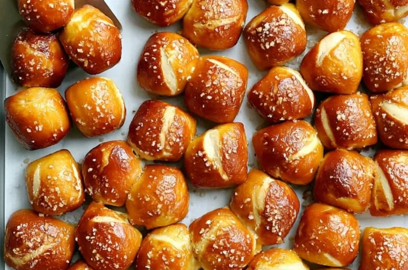 Freshly baked cozy homemade pretzel bites served with dipping sauce.