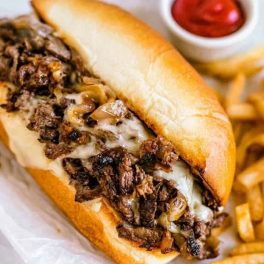 Delicious homemade Philly Cheesesteak served with toppings and a side of fries