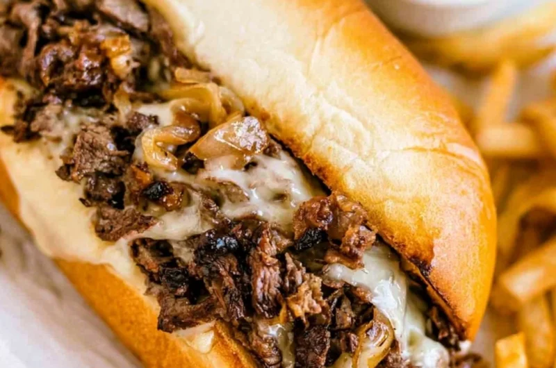 Delicious homemade Philly Cheesesteak served with toppings and a side of fries