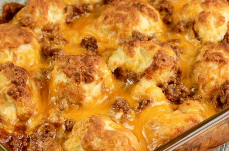 Cozy Sloppy Joe Biscuit Casserole topped with flaky biscuits