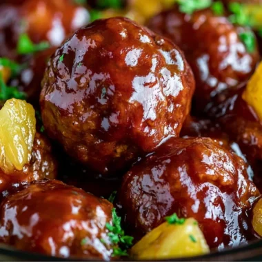 Slow cooker pineapple barbecue meatballs ready to serve