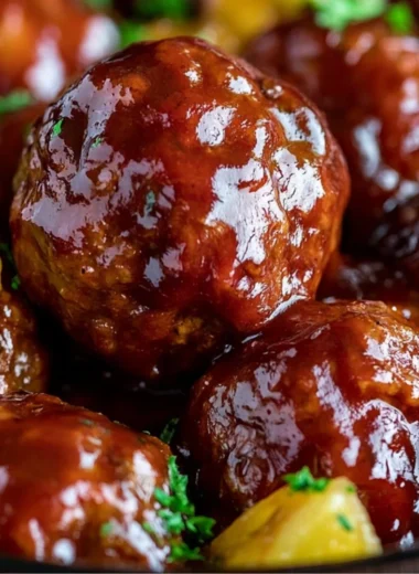Slow cooker pineapple barbecue meatballs ready to serve