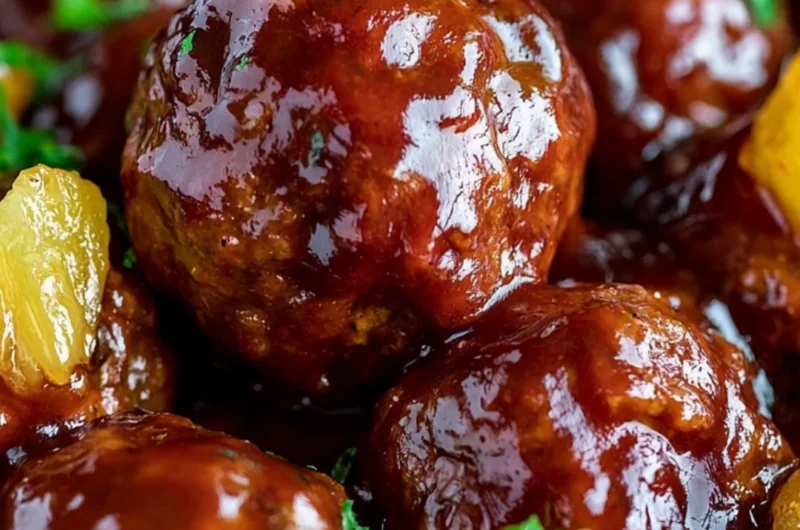 Slow cooker pineapple barbecue meatballs ready to serve