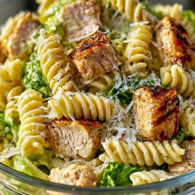Creamy Chicken Caesar Pasta Salad with fresh ingredients in a bowl