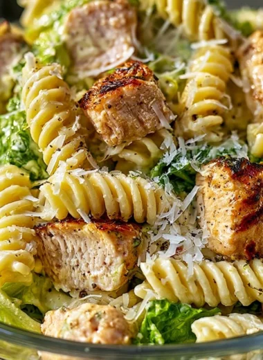Creamy Chicken Caesar Pasta Salad with fresh ingredients in a bowl