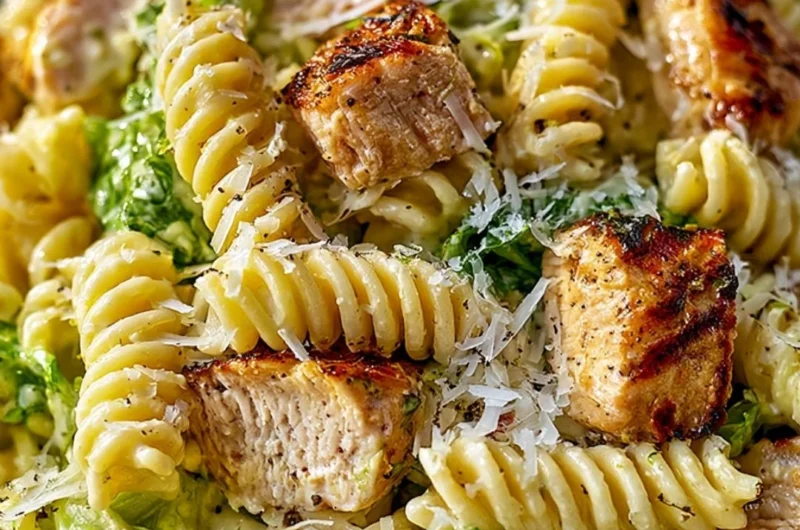 Creamy Chicken Caesar Pasta Salad with fresh ingredients in a bowl