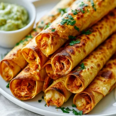 Freshly baked chicken taquitos served on a plate with dipping sauce