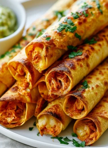 Freshly baked chicken taquitos served on a plate with dipping sauce