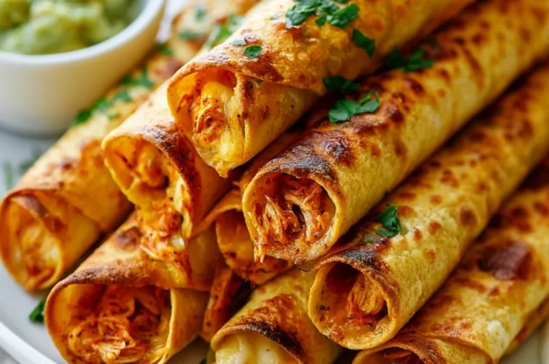 Freshly baked chicken taquitos served on a plate with dipping sauce