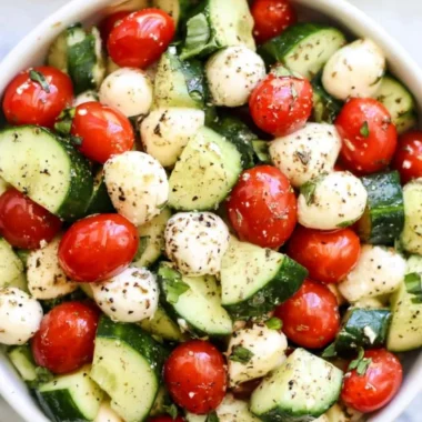 Cucumber Caprese Salad with fresh mozzarella, basil, and balsamic glaze