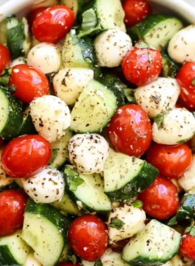 Cucumber Caprese Salad with fresh mozzarella, basil, and balsamic glaze