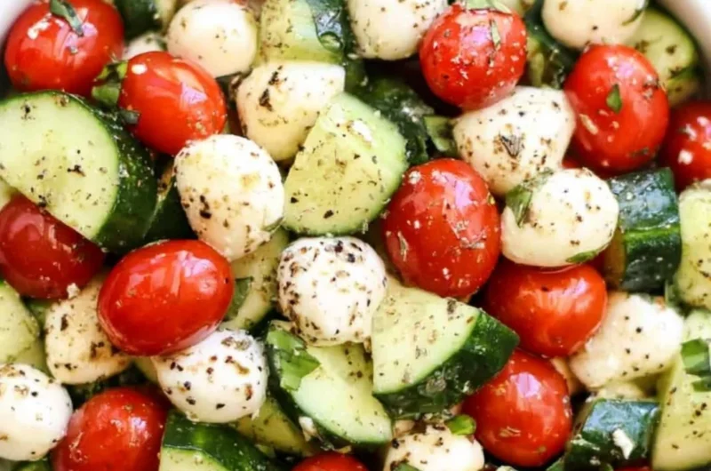 Cucumber Caprese Salad with fresh mozzarella, basil, and balsamic glaze