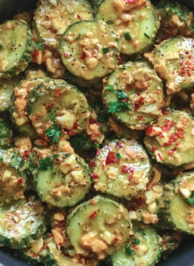 Delicious cucumber salad topped with creamy peanut sauce and garnished with herbs.