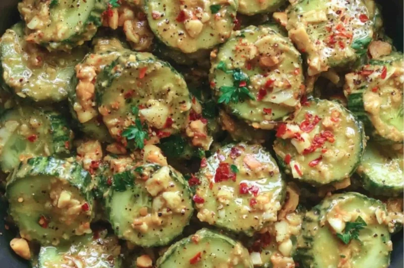 Delicious cucumber salad topped with creamy peanut sauce and garnished with herbs.
