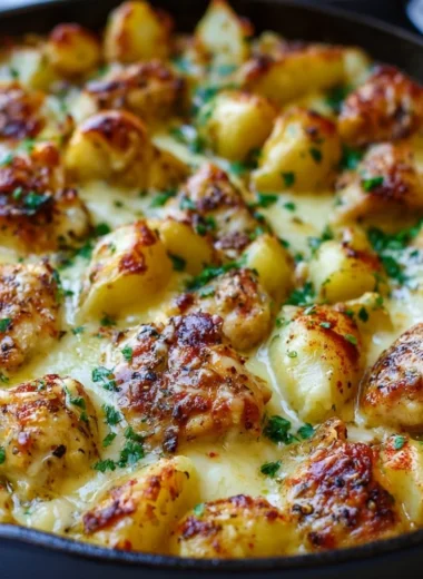 Garlic Parmesan Chicken served with roasted potatoes on a plate