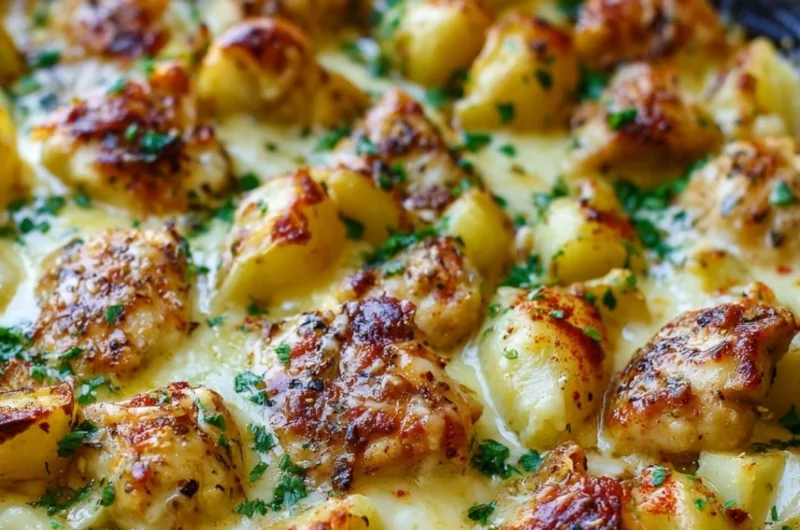 Garlic Parmesan Chicken served with roasted potatoes on a plate