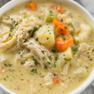 Bowl of healthy chicken pot pie soup garnished with vegetables and herbs