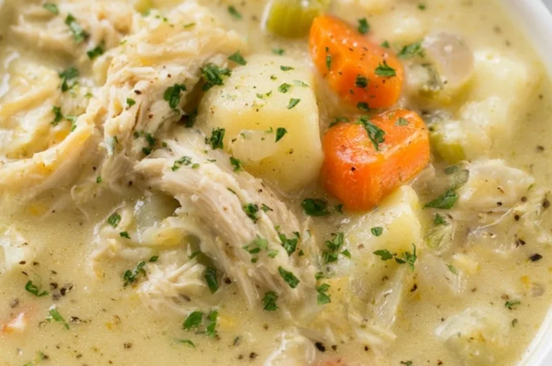 Bowl of healthy chicken pot pie soup garnished with vegetables and herbs