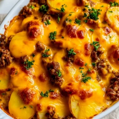Hobo Casserole dish with layers of meat, potatoes, and vegetables