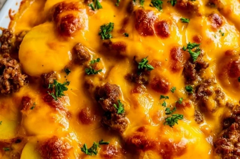 Hobo Casserole dish with layers of meat, potatoes, and vegetables