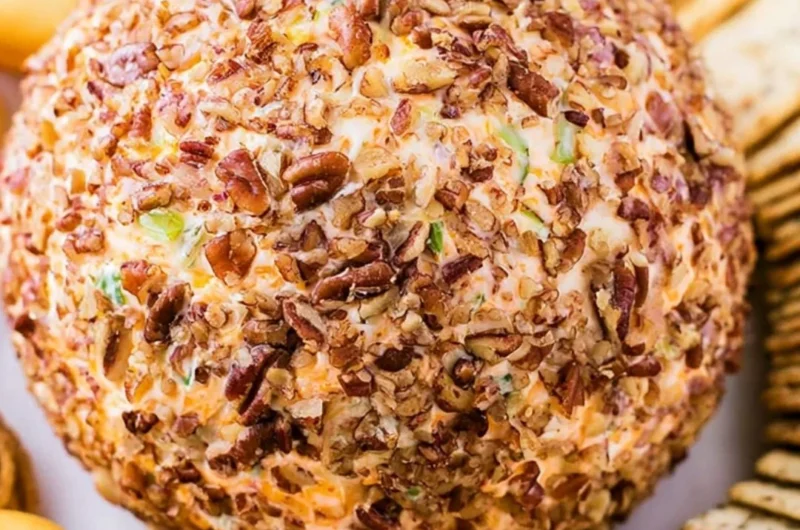A festive holiday cheese ball served with crackers and fresh herbs as decoration.