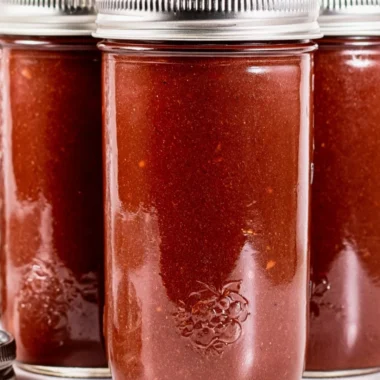 Jar of homemade BBQ sauce with fresh ingredients on a wooden table