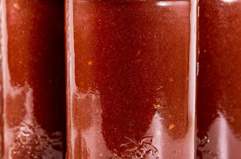 Jar of homemade BBQ sauce with fresh ingredients on a wooden table
