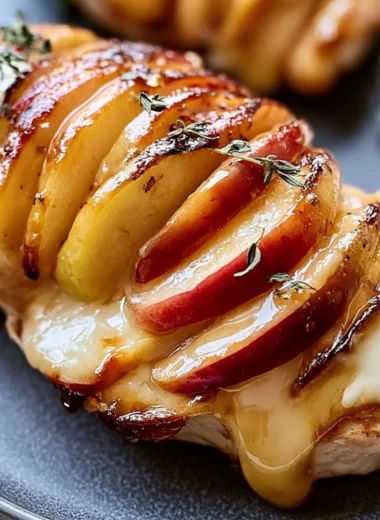 Maple glazed apple and brie stuffed chicken dish ready to serve