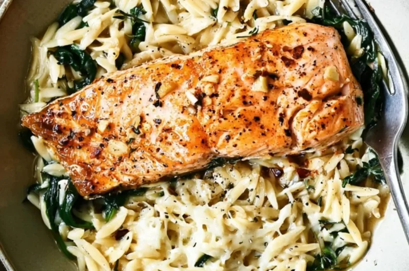 One Skillet Salmon with Lemon Orzo dish garnished with lemon slices.