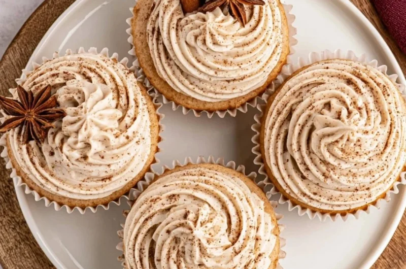 Spiced chai latte cupcakes decorated with creamy frosting and cinnamon