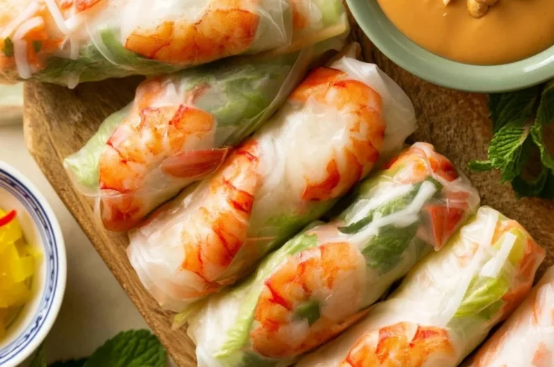 Plate of traditional Vietnamese fresh spring rolls filled with colorful vegetables and shrimp.