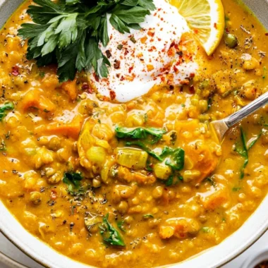 Bowl of turmeric lentil detox soup garnished with herbs