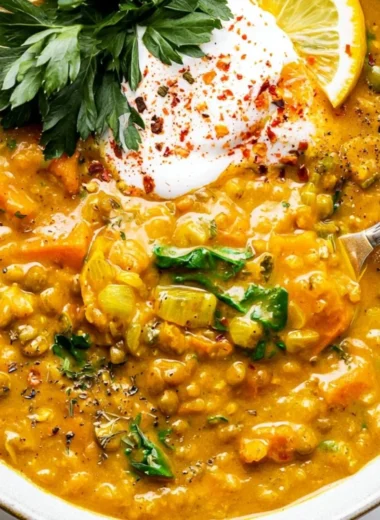 Bowl of turmeric lentil detox soup garnished with herbs