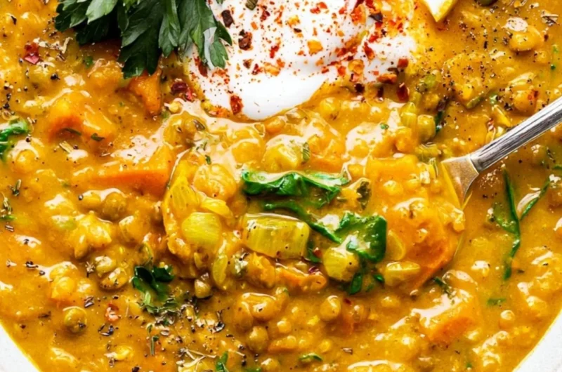 Bowl of turmeric lentil detox soup garnished with herbs