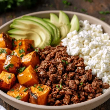 Warm hot honey sweet potato beef bowls with spices and fresh ingredients