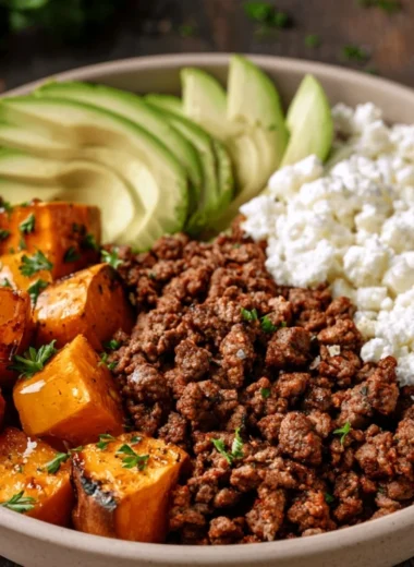 Warm hot honey sweet potato beef bowls with spices and fresh ingredients