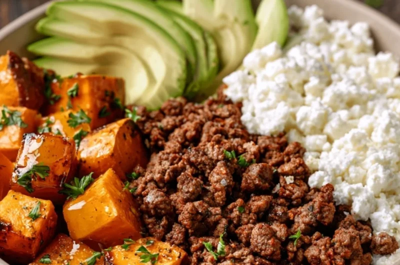 Warm hot honey sweet potato beef bowls with spices and fresh ingredients